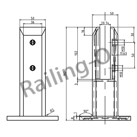 POOL FENCE SPIGOT SQUARE FLANGED 182mm