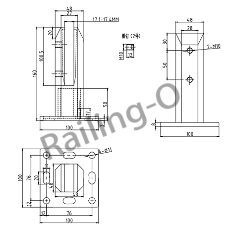 BALUSTRAD SPIGOT SQUARE DECK MOUNT 160MM