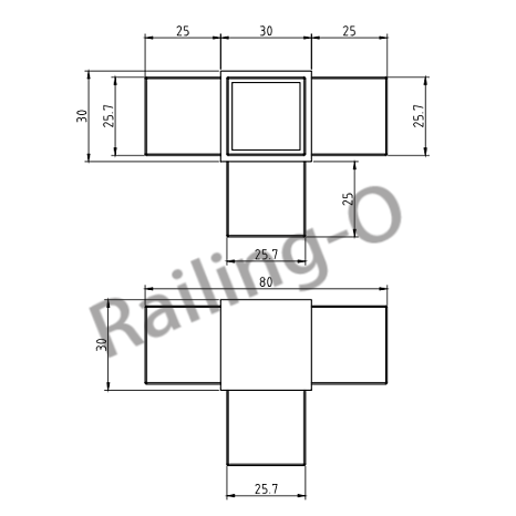 4-Way Square 90 degree connector for handrail tube